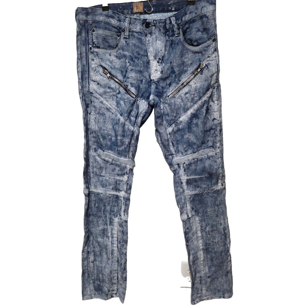 PRPS Demon Mens Slim Fit Denim Moto Paint Biker Jeans Blue Distressed Zipper Y2K